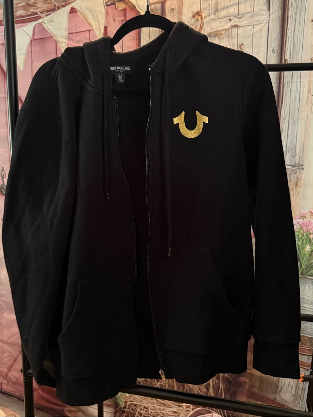 True Religion Black Zip Hoodie with Gold Horseshoe Logo Size Small